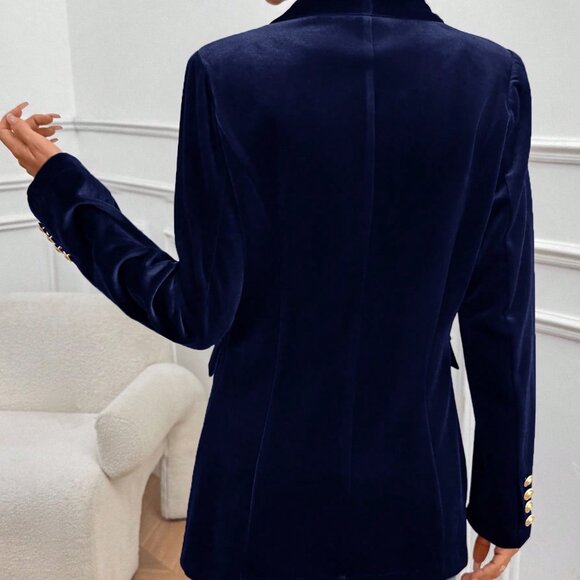 Navy Blue Elegant Women's Velvet Blazer - Picture 2 of 8